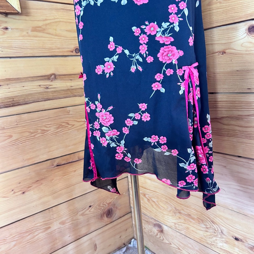 Vintage Asian Dress Women Small Black Pink Floral Y2K Goth Glam Party Ruby Rox - Picture 4 of 13